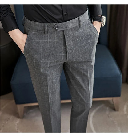 2026 High Quality Men's Plaid Striped Suit Pants Fashion Business Slim Fit Casual Straight Pants Formal Wedding Party Trousers