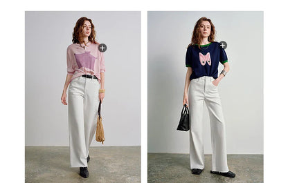 Women Jeans 2026 Spring New Black Label Lycra Stretchy White Frayed Cuff Loose Wide-Leg Pants