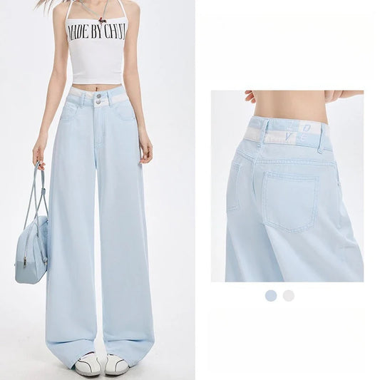 Loose Casual Wide Leg Denim Pants Summer New Thin 100% Cotton Women's High Waist Y2K Contrast Stitching All Match Baggy Jeans