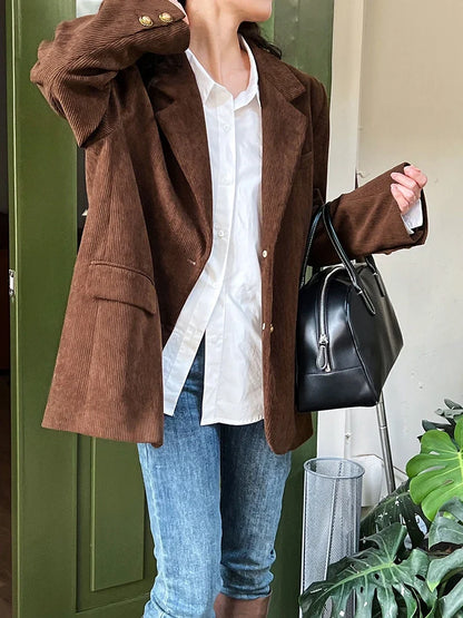 Brown Corduroy Suit Jackets Women's Spring New Fashion Loose Casual Blazers Notched Collar Single Breasted Pockets Female Tops