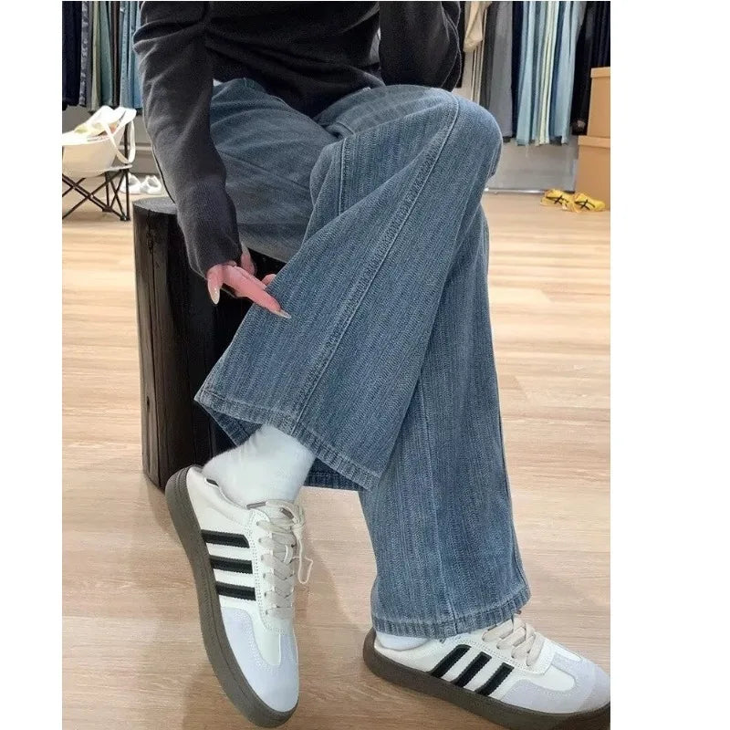 Retro Texture Wide Leg Denim Pants Loose Drapey Straight Long Trousers for Women High Waist Zipper Closure Casual Sle