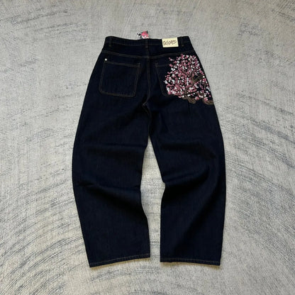 Y2K Vintage Low Waist Hip Hop Cherry Blossom Embroidered Jeans  Wide Leg Trousers Clothes Mens Embroidered Baggy Jeans Womes