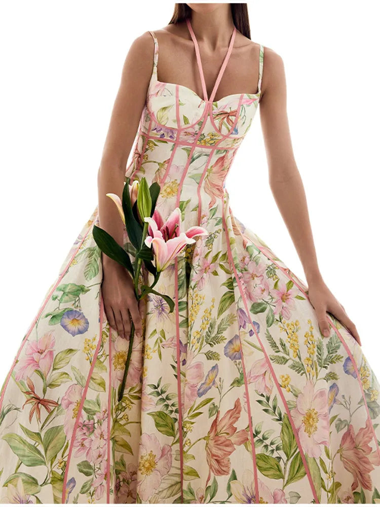 Fashionable Lady Floral Corset Maxi Dresses Halter Neck Sleeveless Flowy Long Dress Female Beach Vacation Party Evening Gown