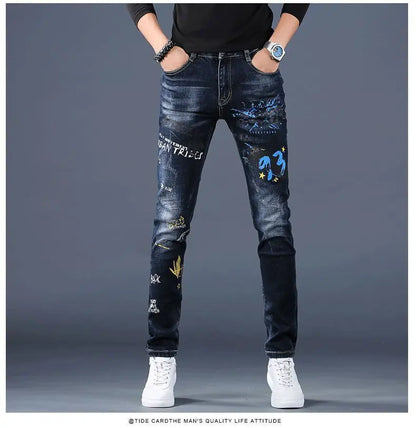 Harajuku Fashion Men's High-end Embroidered Jeans Korean Style Prints Patches Slim Fit Casual Spring Autumn Cowboy Trousers