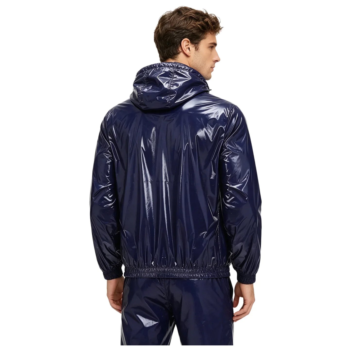 Mens Waterproof Hooded Raincoat Long Sleeve Front Zipper Rain Jacket Windbreaker with Drawstring Hood for Hiking Fishing Biking