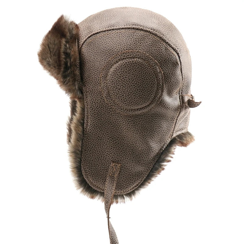 Men Winter Bomber Hat With Goggles Outdoor Motorcycle Windproof Warm Faux Fur Pilot Earflap Hat Leather Thermal Ushanka