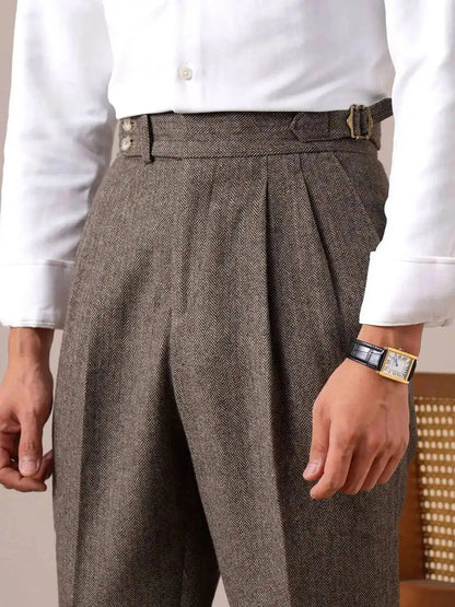 Autumn Herringbone Dress Pants For Men Naples Men's Wool Blend High Waist Social Casual Versatile Long Pants Office Trousers Men