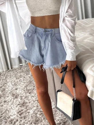 2026 New Umbrella Denim Shorts Women High Waist Blue Tassel Jean Booty Shorts