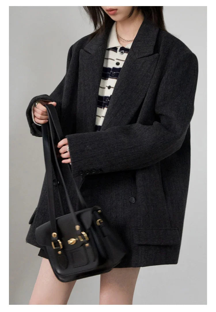 Women Woolen Blazer Loose Vintage V Neck Female Jacket Suit Double Breasted Office Ladies Coat Spring Autumn 2025