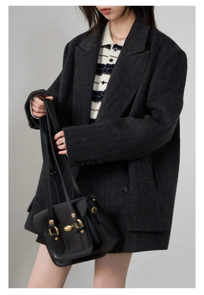Women Woolen Blazer Loose Vintage V Neck Female Jacket Suit Double Breasted Office Ladies Coat Spring Autumn 2025