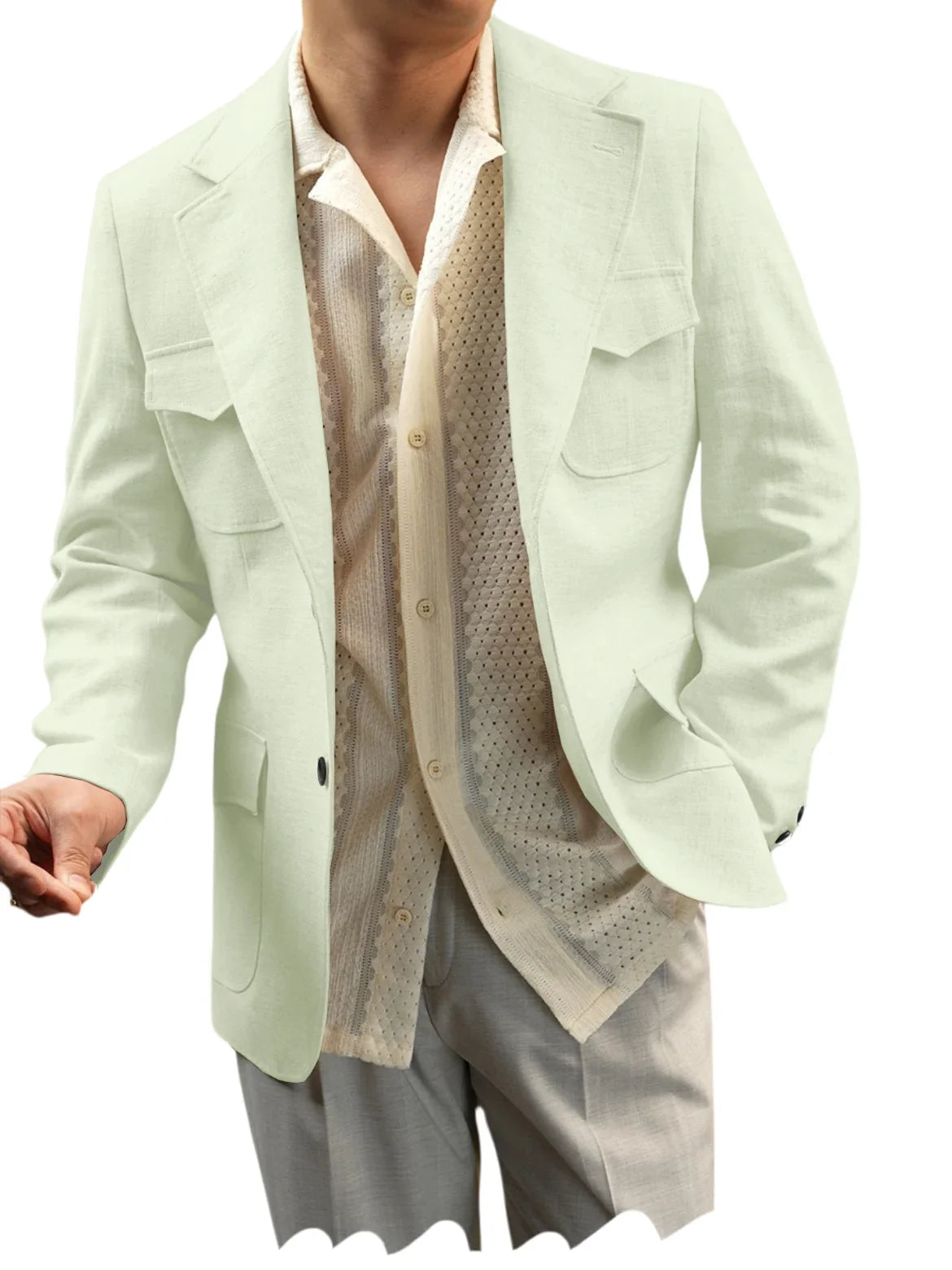 Classic Men's Linen Blazer Notched Lapel Slim Fit Breathable Elastic Suit Jacket with Flap Pockets for Wedding Prom Daily Wear