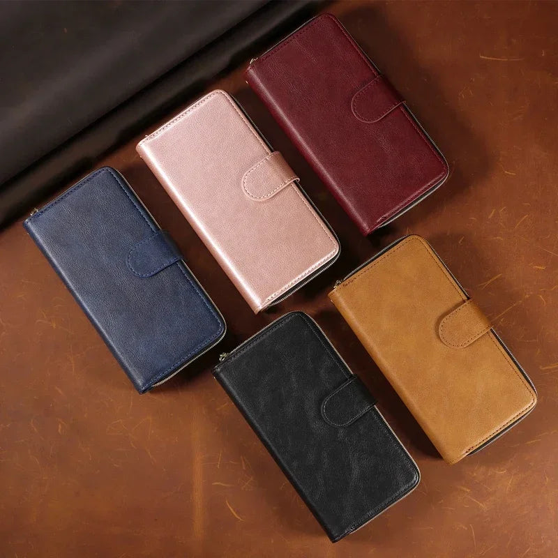 Double Layer Zipper Wallet Case with 9 Card Slots for iPhone 16 16E Pro Max 15 14 Plus13 12 Pro Max PU Leather Flip Cover