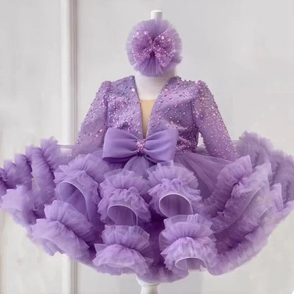 Customized Flower Girl Dresses Cute Pink Glitter Sequined Shiny Puffy Organza With Bow Fit Wedding Party Princess Ball Gowns