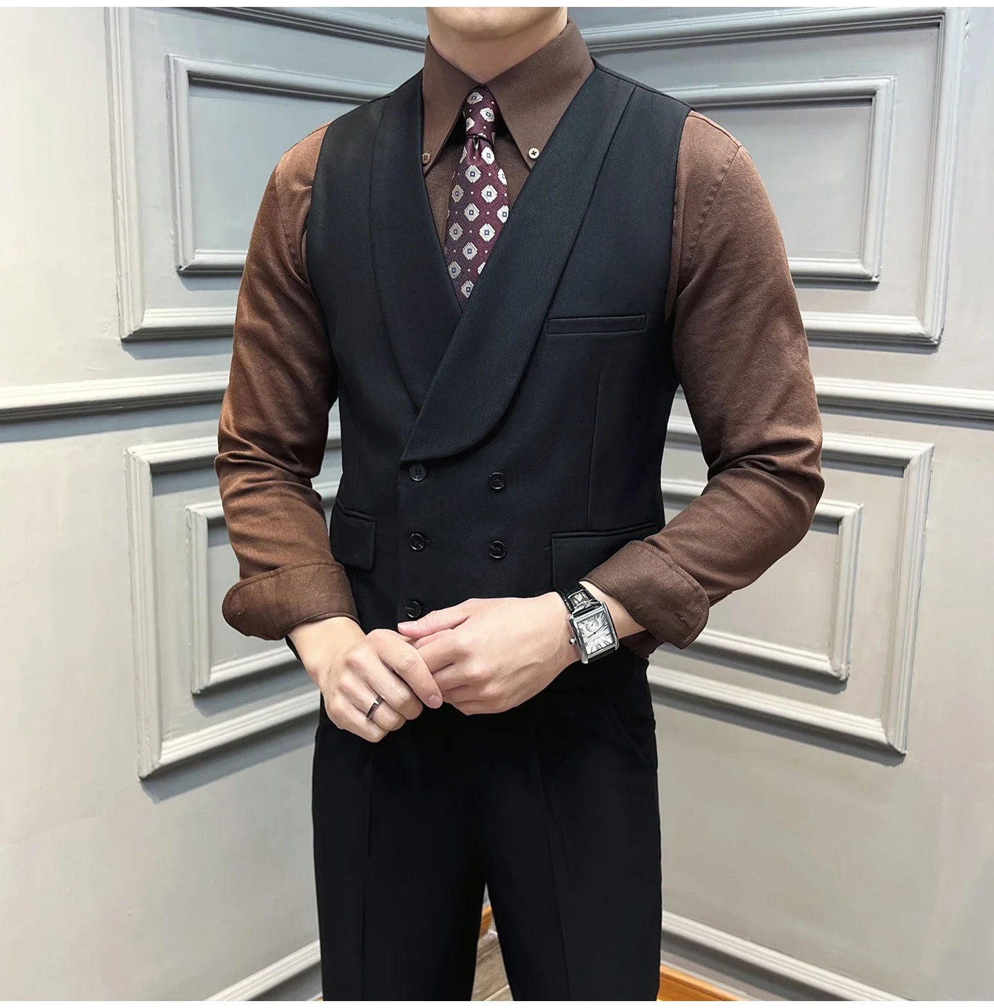 ( Vest + Pants) High-end Brand Solid Color Suit Vest 2 pieces Men Luxury Double Breasted Design Fashion Vest Set Club Clothing