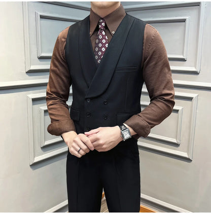 ( Vest + Pants) High-end Brand Solid Color Suit Vest 2 pieces Men Luxury Double Breasted Design Fashion Vest Set Club Clothing