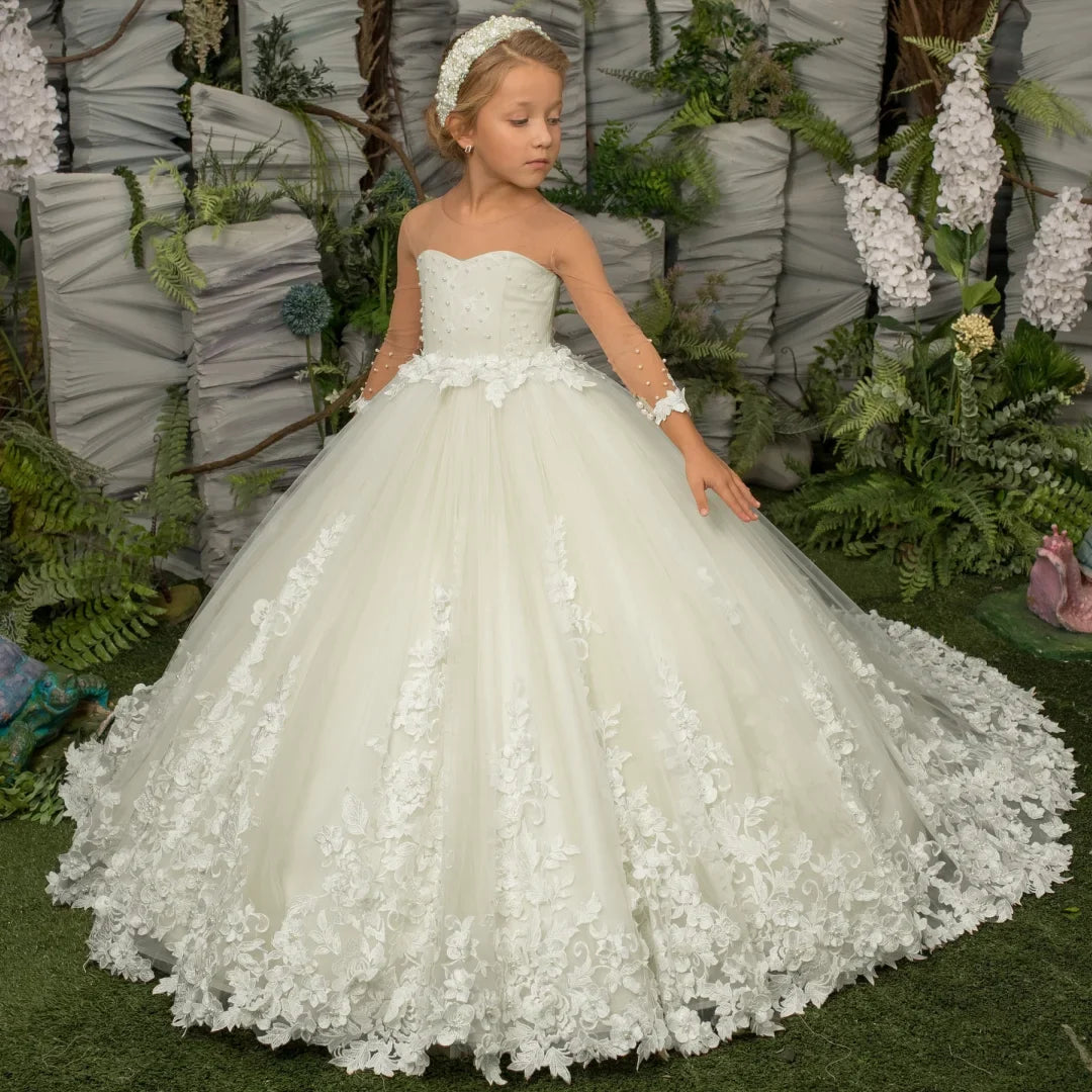 Customized Flower Girl Dress Light Champagne Pearls Floral Appliques Long Sleeve For Wedding Birthday Prom Holy Communion Gown