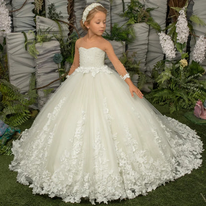 Customized Flower Girl Dress Light Champagne Pearls Floral Appliques Long Sleeve For Wedding Birthday Prom Holy Communion Gown