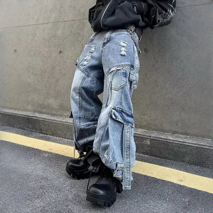 2025 Cyber Y2K Streetwear Washed Blue Baggy Ripped Cargo Jeans Pants For Men Clothing Wide Leg Vintage Loose Punk Denim Trousers