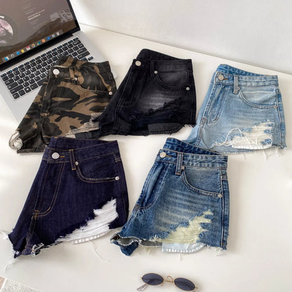 American Retro Camouflage Mini Shorts 2026 Ladies Hollow Out Slim Beach Pants Hot Girl Sexy Print Denim Shorts