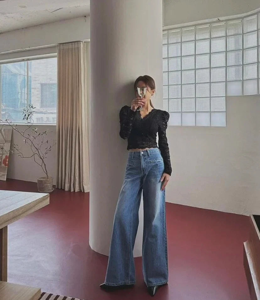 Retro High Waist Slim Fit Blue Jeans Women's Autumn Winter Straight Leg Long Pants Wide Leg Pants Classic Waed Denim