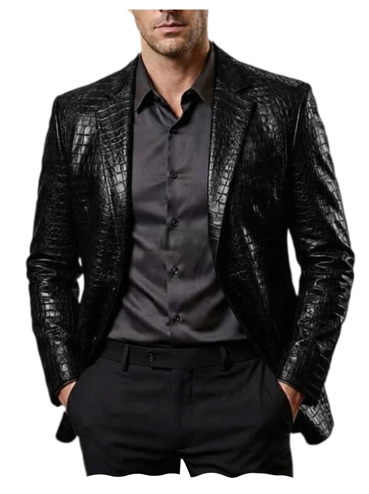 Men Crocodile Texture Leather Blazer Notched Lapel Slim Fit Single Breasted Suit Jacket Nightclub Party Business Outer Coat
