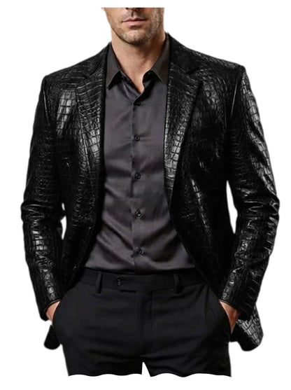 Men Crocodile Texture Leather Blazer Notched Lapel Slim Fit Single Breasted Suit Jacket Nightclub Party Business Outer Coat