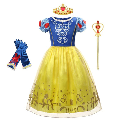 Summer Deluxe Princess Snow White Gown with Cape Girls Fairy Kids Cosplay Costume Toddler Carnival Apparel Halloween Dress up