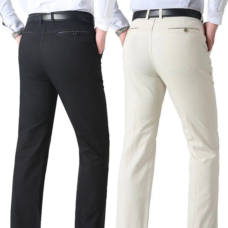 Men's Spring Autumn 100% Cotton Middle-aged Business Trousers Straight Slacks High Waist Dad's Thin Thick Casual Male Suit Pants