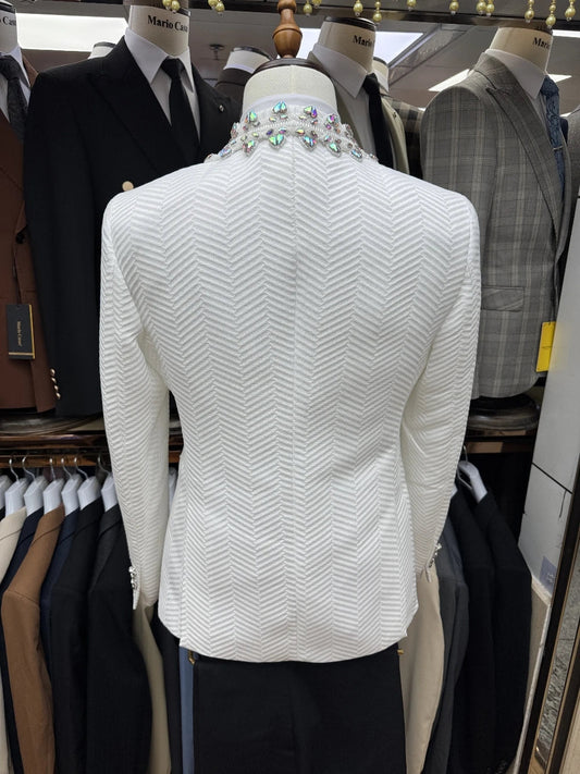 Fully Lined 3-pieces Suit Set For Man, Real Images, Chic Crystals Collar Wedding Groom Wear, White Delicate One Button Tuxedo