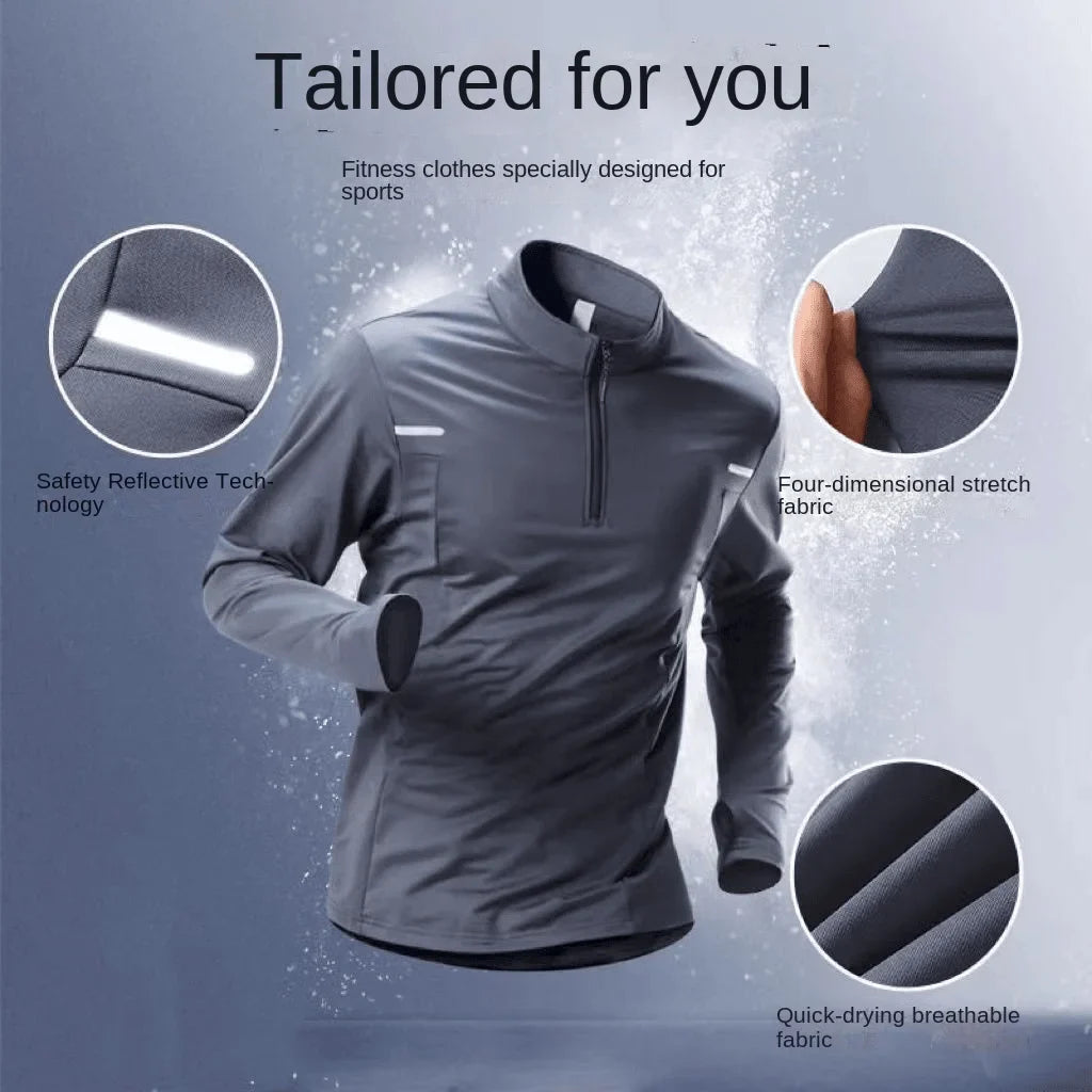American sports training quick drying clothes men's t-shirts track and field fitness clothes long sleeved half zip top sports ru