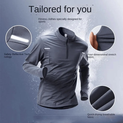 American sports training quick drying clothes men's t-shirts track and field fitness clothes long sleeved half zip top sports ru