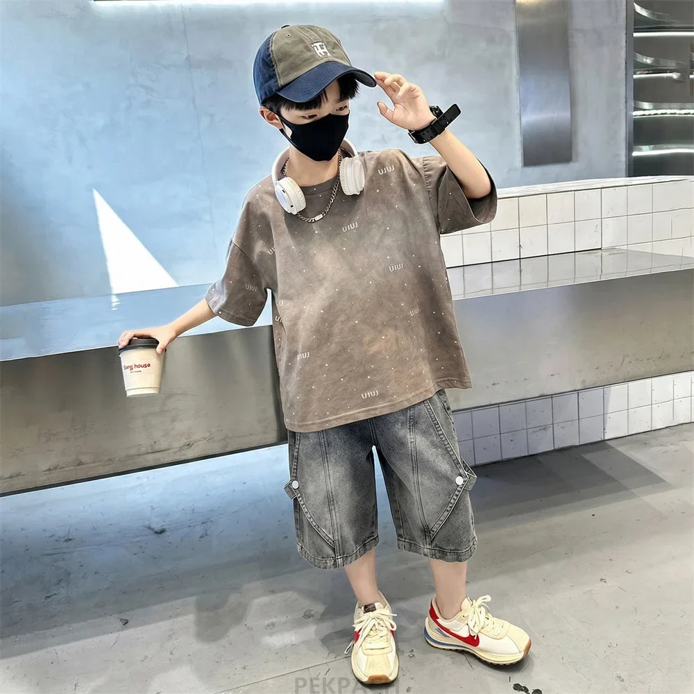 Luxury Children Fashion Summer Set for Boy Cotton Outfit Suit T-shirt Shorts Clothing Kids Street Top And Bottom 2 Pieces Suit