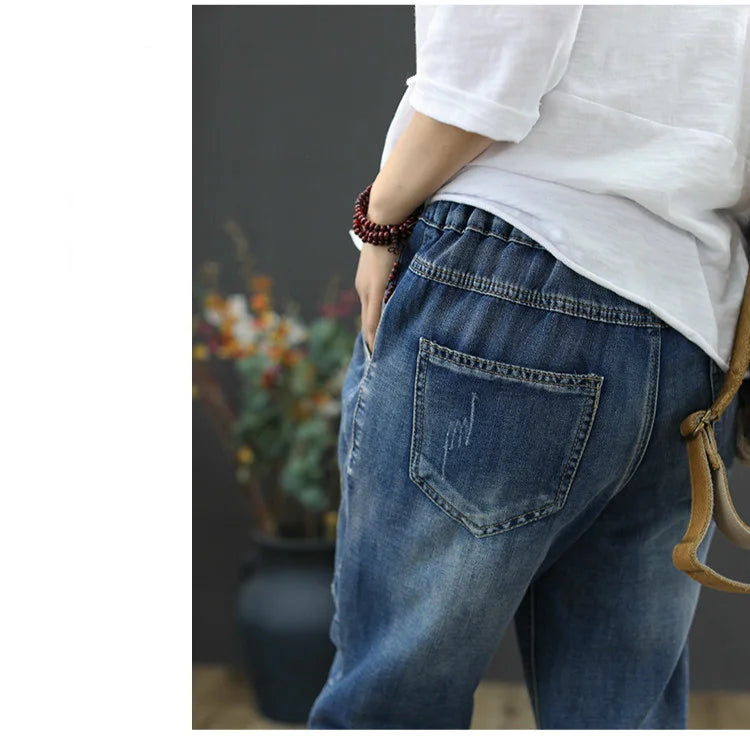 2025 Fashion Summer Streetwear Denim Trousers Ladies Vintage Elastic Jeans Womens Casual Loose Embroidery Harem Pants
