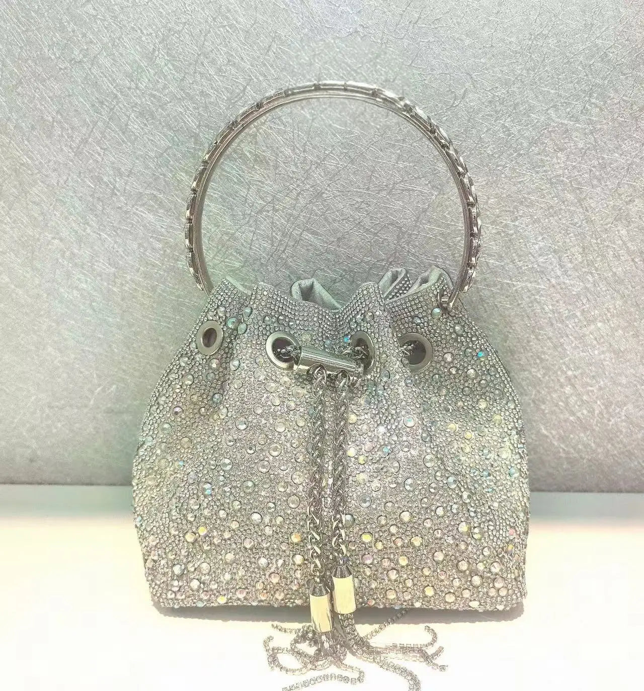 Rhinestones Diamond Evening Clutch Bag Luxury Designer Metal Ring Women's Handbag Wedding Party Bling Bucket Purse Shoulder Bag