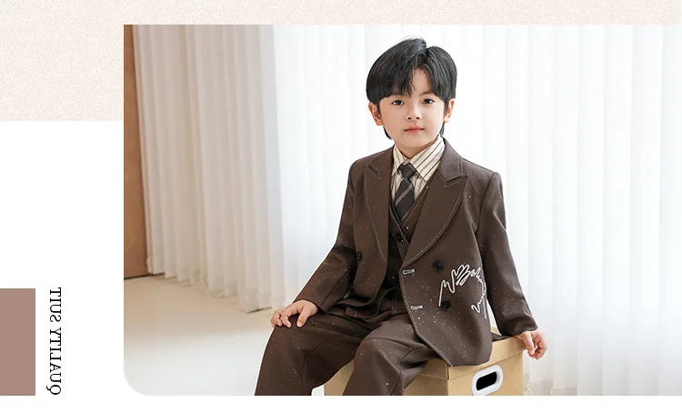 Boys Solid Double Breasted Blazer Jack Vest Pants Children Suit Waistcoat Wedding Clothes Sets Toddler Formal Dress Kids Tuxedos