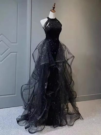 Elegant Sparking Navy Blue Evening Dresses Halt Beading Party Gown Customized Prom Dress 2025 Tiered robes de soirée Sweep Train