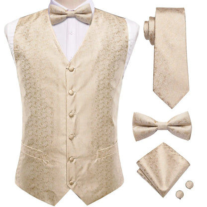 Luxury Silk Mens Vests Rose Gold Pink Striped Waistcoat Necktie Bowtie Hanky Cufflinks Set Waist Jacket For Men Wedding