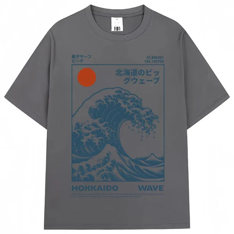 Japanese Style Hokkaido Wave Vintage T-shirt Men Women Harajuku Fashion High Quality T Shirts Oversized Cotton Summer Tee Shirt