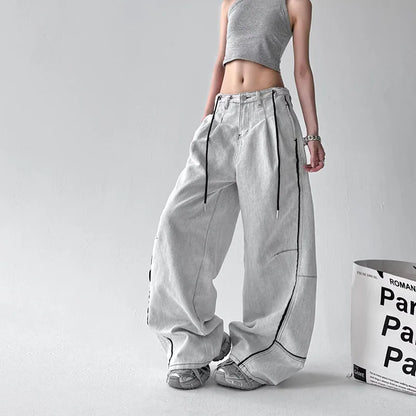Korean High Street Hip-Hop Wide Leg Pants Women'S Jeans Striped Color Blocked Casual High Waisted Loose Straight Leg Pants
