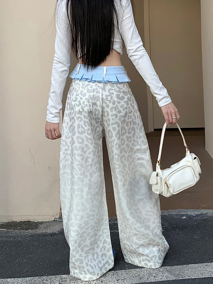 Women's Beige leopard print Y2k Jeans Baggy Aesthetic Denim Trousers Harajuku Streetwear Jean Pants Vintage 2000s Trashy Clothes