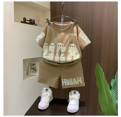 Summer Boys Cotton Leisure Print Alphabet T-Shirt+Shorts Pant Set School Kids 2PCS Tracksuit Children Sportswear Outfit 5-16 Yrs
