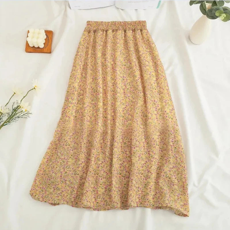 Women Chiffon Midi Skirt Korean Fashion Floral Loose Skirts High Waist Female Casual All Match A Line Skirts Summer New