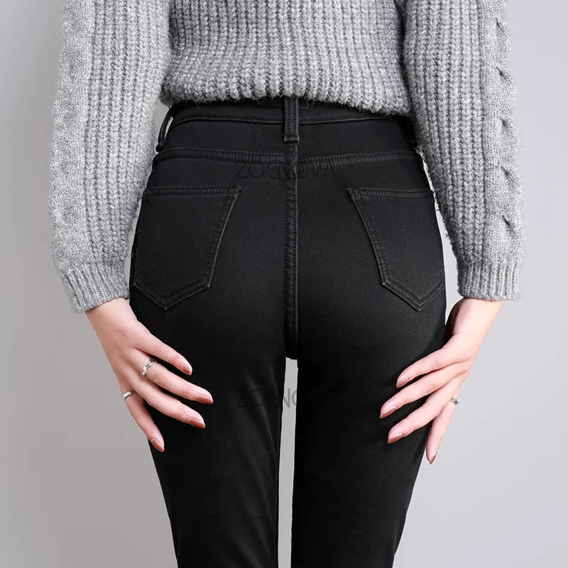 New Women Thick Velvet Jeans Fleece Warm Korean Fashion High Waist Skinny Elastic Pants Jean Casual Legging Winter 2023