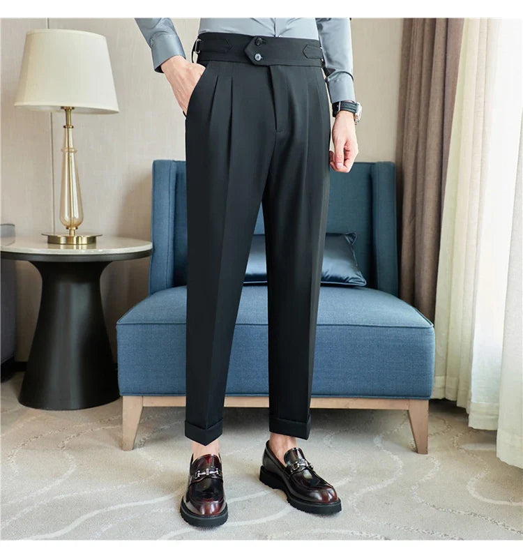 British Style Autumn New High Waist Trousers Men Belt Design Slim Fit Suit Pants Office Social Wedding Party Formal Pants Hommes
