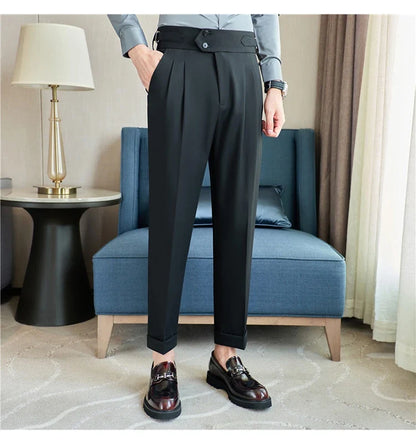 British Style Autumn New High Waist Trousers Men Belt Design Slim Fit Suit Pants Office Social Wedding Party Formal Pants Hommes