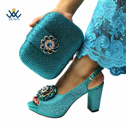 2022 Sweet  Special Design Women Crystal Style African Ladies Party Shoes Matching Bag in Magenta Color