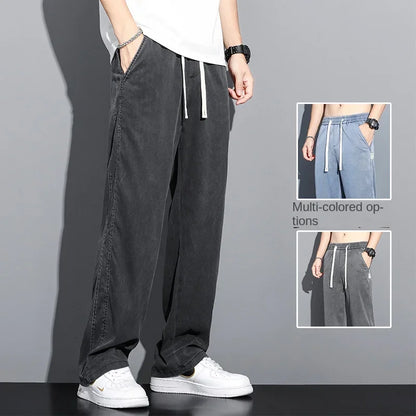 Summer Soft Lyocell Fabric Thin Loose Straight Pants Drawstring Elastic Waist Korea Casual Trousers Men's Jeans Plus Size M-5XL