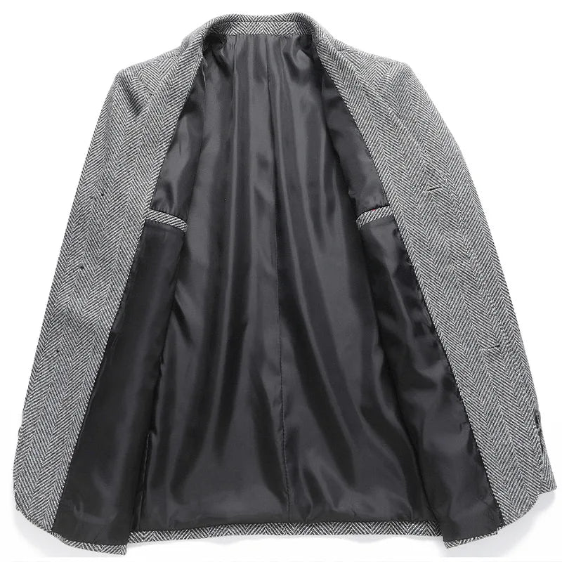 Men's Wool Blazer Herringbone Pattern Casual Business Suit Jacket Comfortable and Stylish Coat