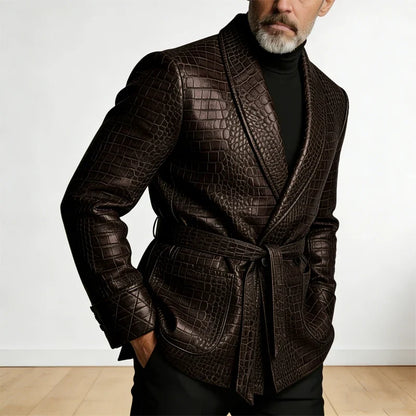  Men's Crocodile Pattern Leather Blazer Double Breasted Belted Shawl Collar Jacket Business Formal Party Wedding Casual Wear