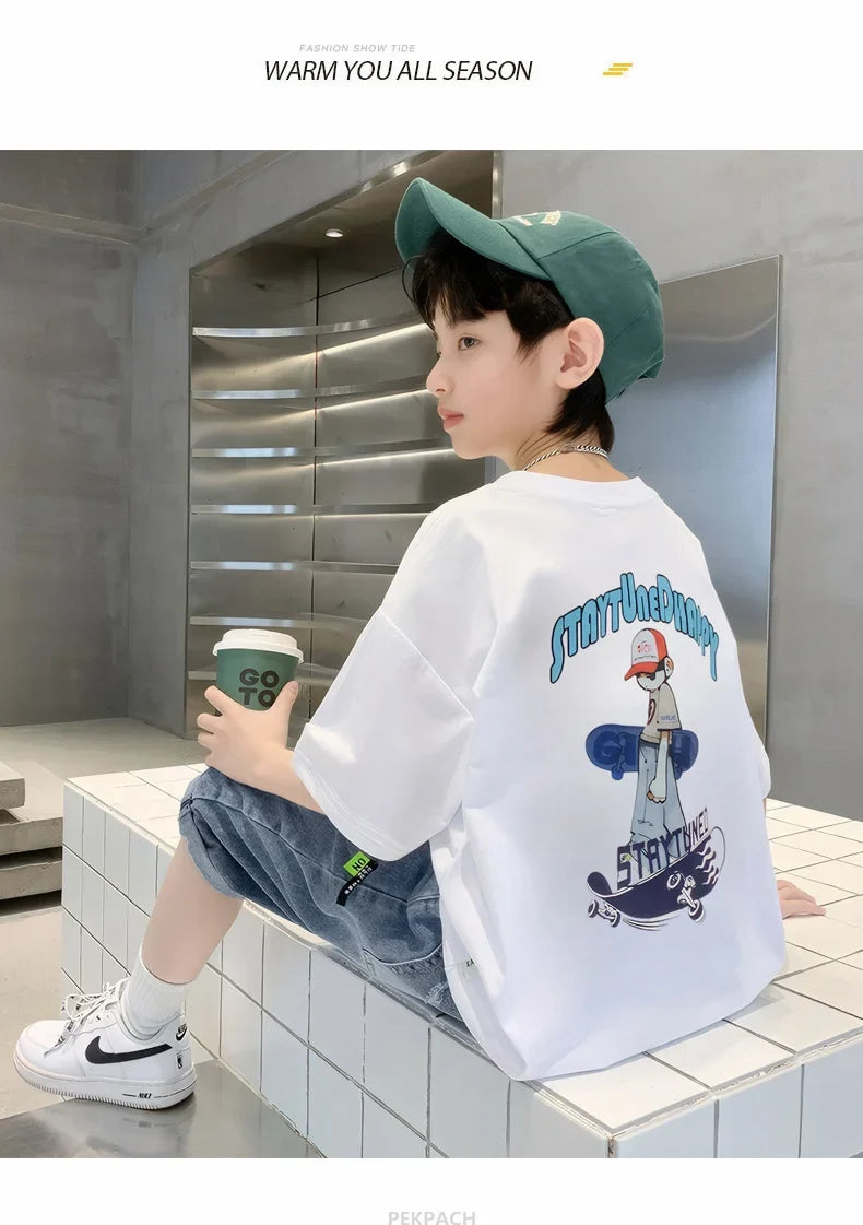 Teens Boy New Summer Clothing Set Cartoon Outfit Children Casual Short Sleeve T-shirt + Denim Shorts 2 Pieces Clothes Tracksuit